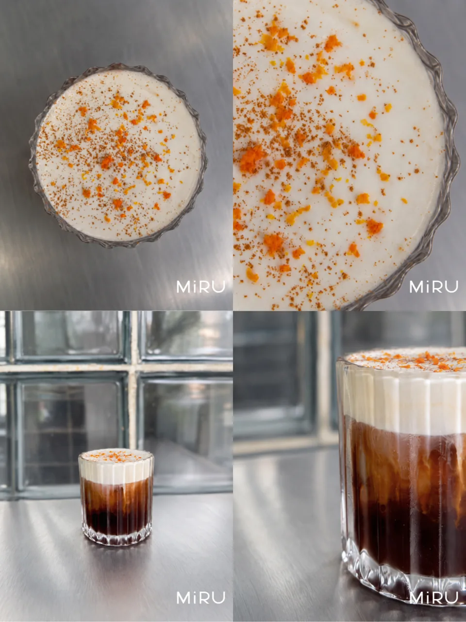 Postingan empat panel MiRU yang menampilkan minuman kopi bertabur jeruk dari atas dan close-up