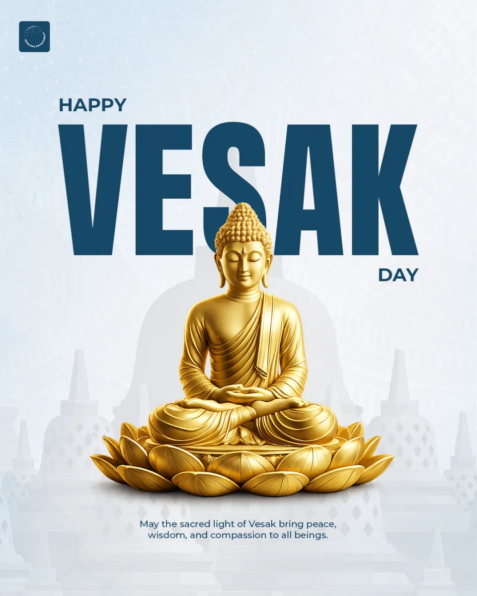 Happy Vesak Day greeting in Reframing blue with a golden Buddha statue
