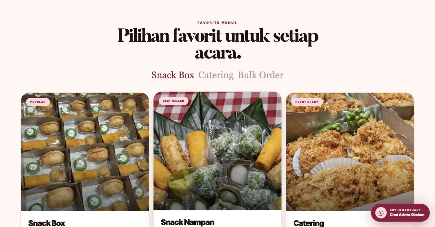 Arinta Kitchen menu cards section