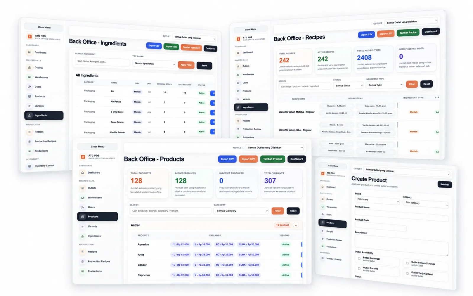 ATG POS back-office system ecosystem — products, recipes, ingredients, and inventory screens
