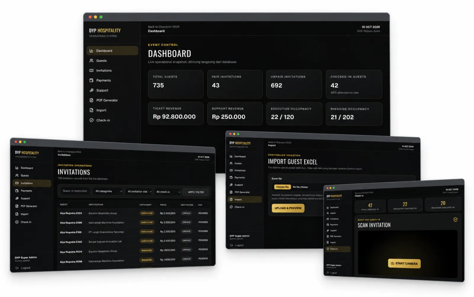 DYP Back to Champion 2026 event operations system — dashboard, invitations, import, and check-in screens