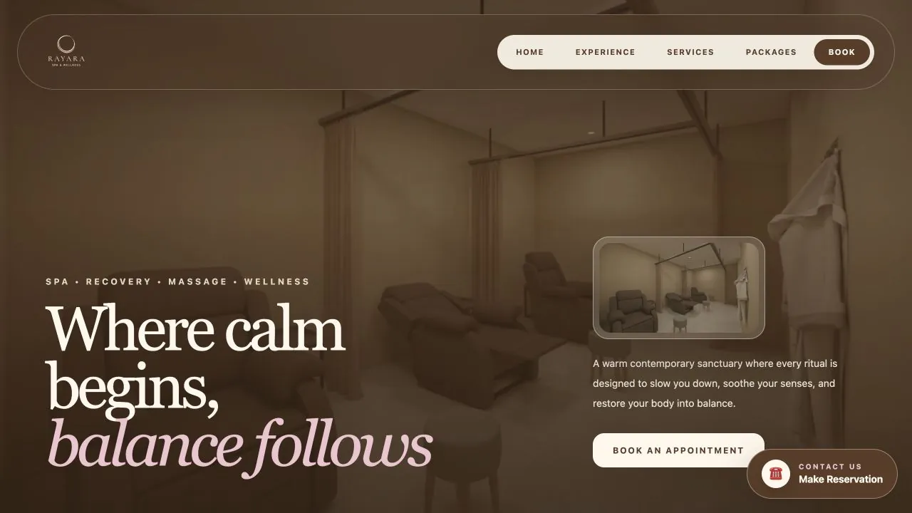 Rayara Spa & Wellness homepage hero on desktop