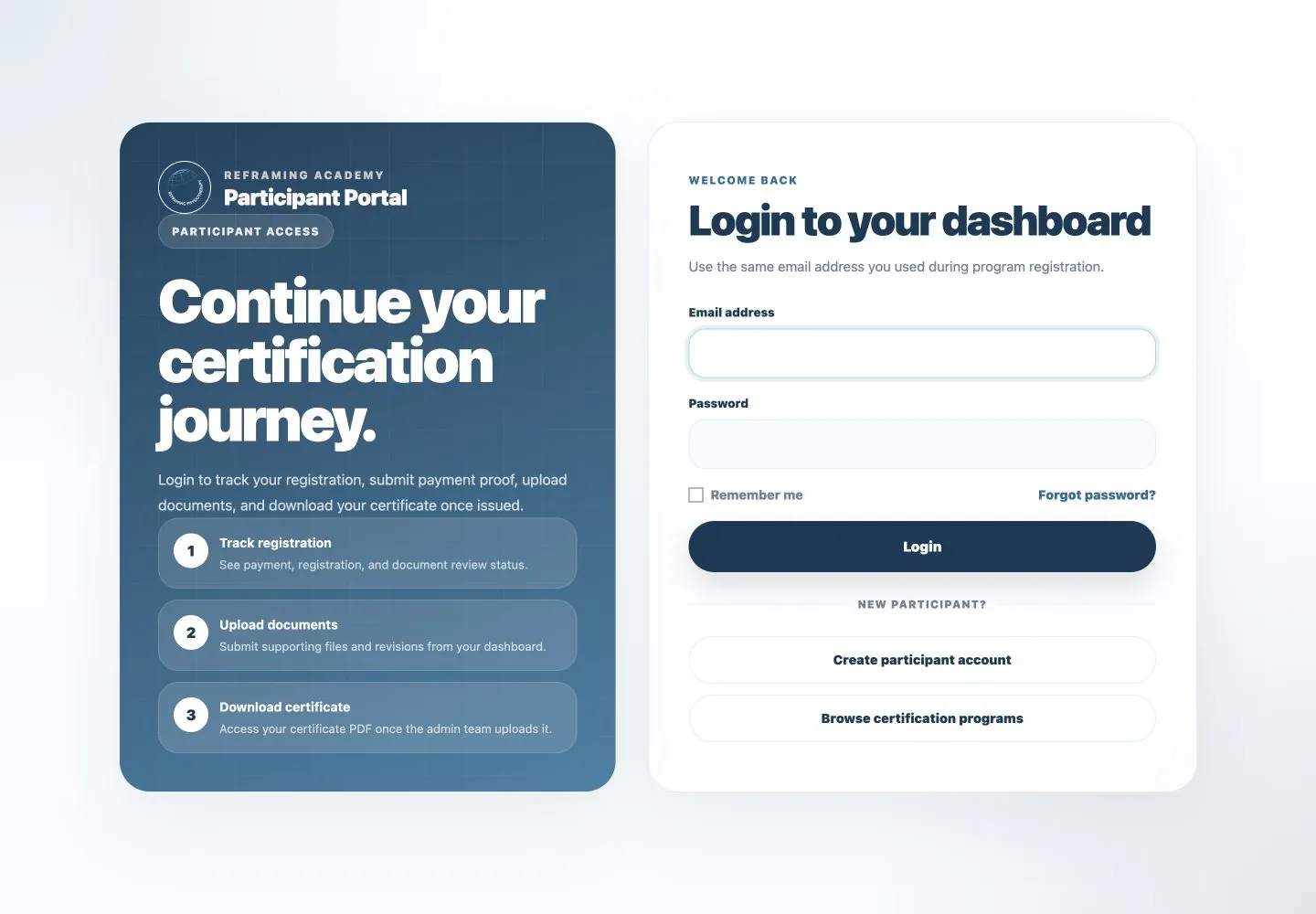 Reframing Academy participant portal login