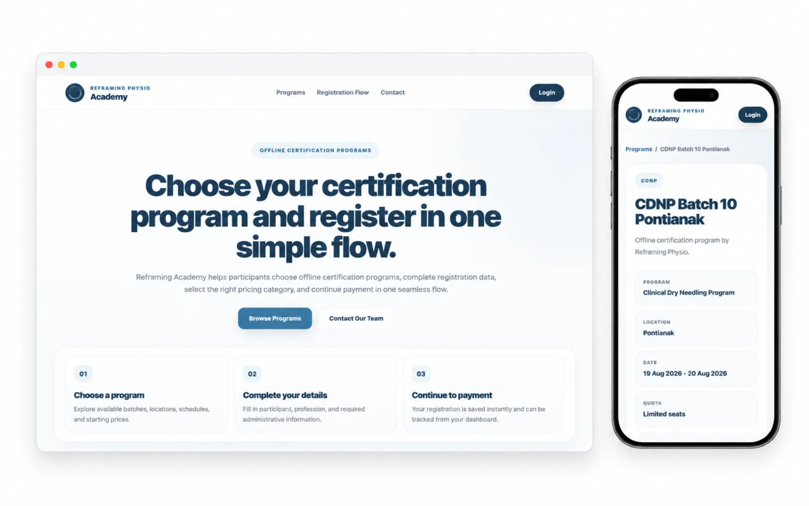 Reframing Academy desktop and mobile presentation
